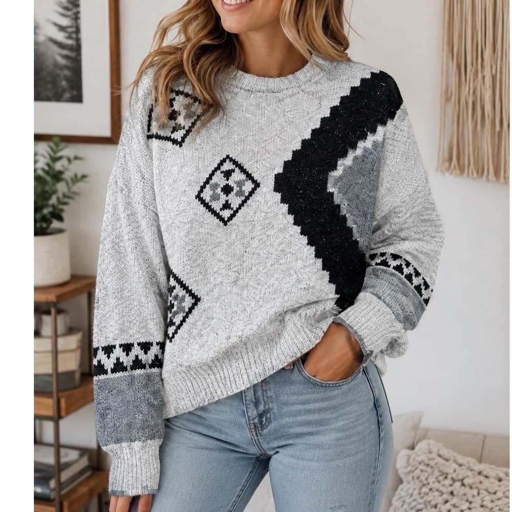 Lizsport Geometric Knit Sweater Womens Medium Cream Grey Vintage 90s Pullover
